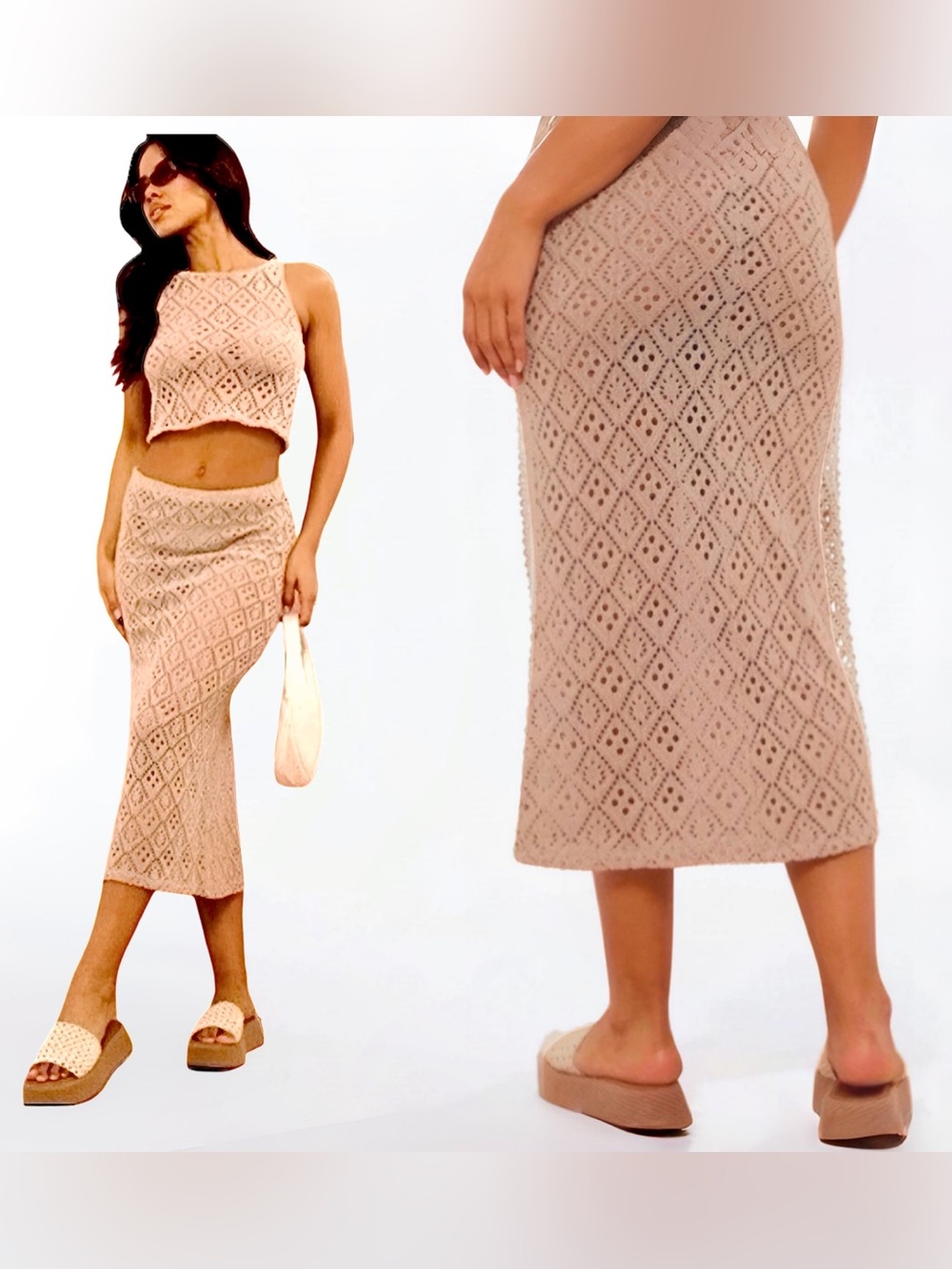 PrettyLittleThing Taupe Crochet Midi Skirt
